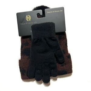 House of Harlow 1960 Black and Brown Gloves and Beanie Set